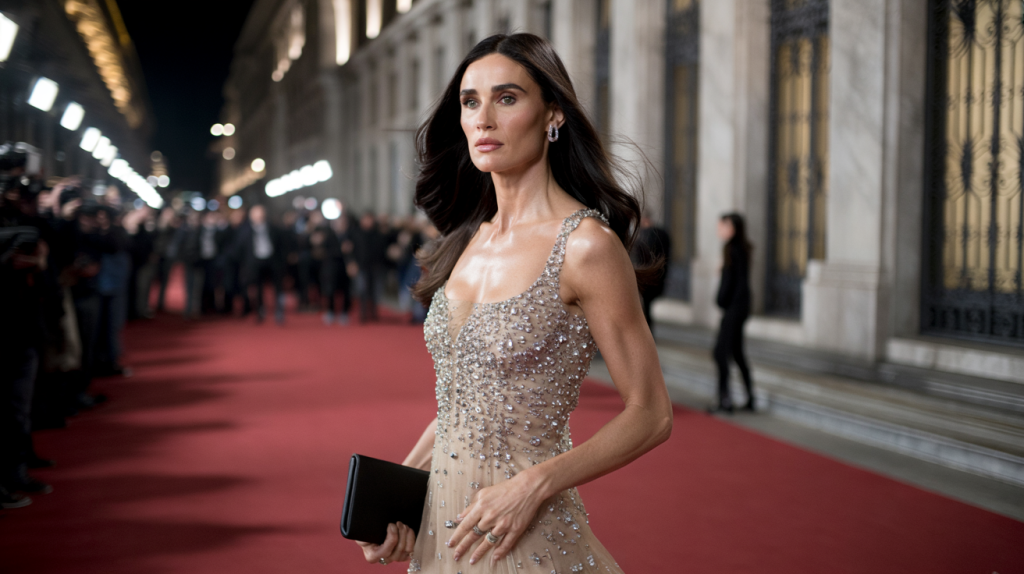 Demi Moore robe bijou Fashion Week de Milan