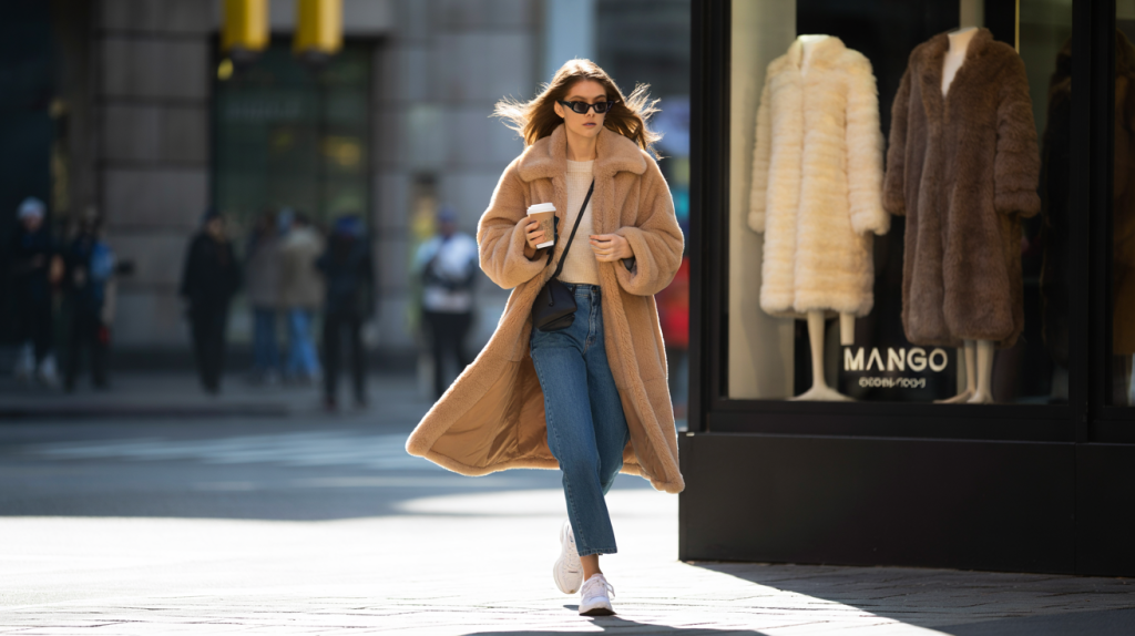 Kaia Gerber Mango fausse fourrure