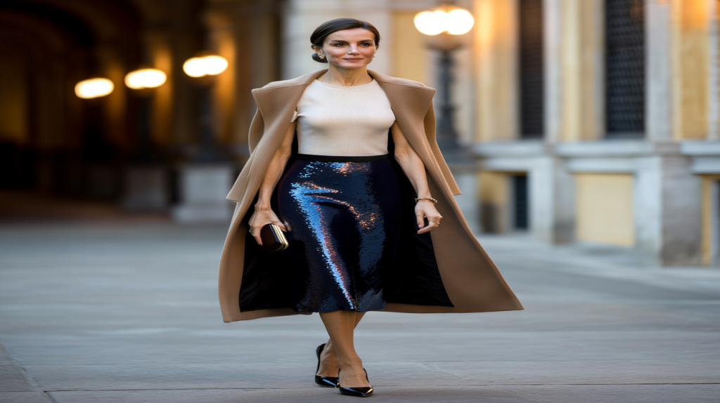 Letizia d’Espagne look jupe à paillettes