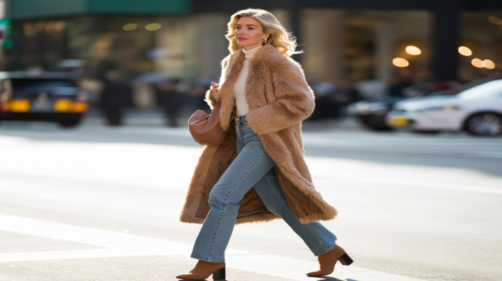 Look Sienna Miller fausse fourrure