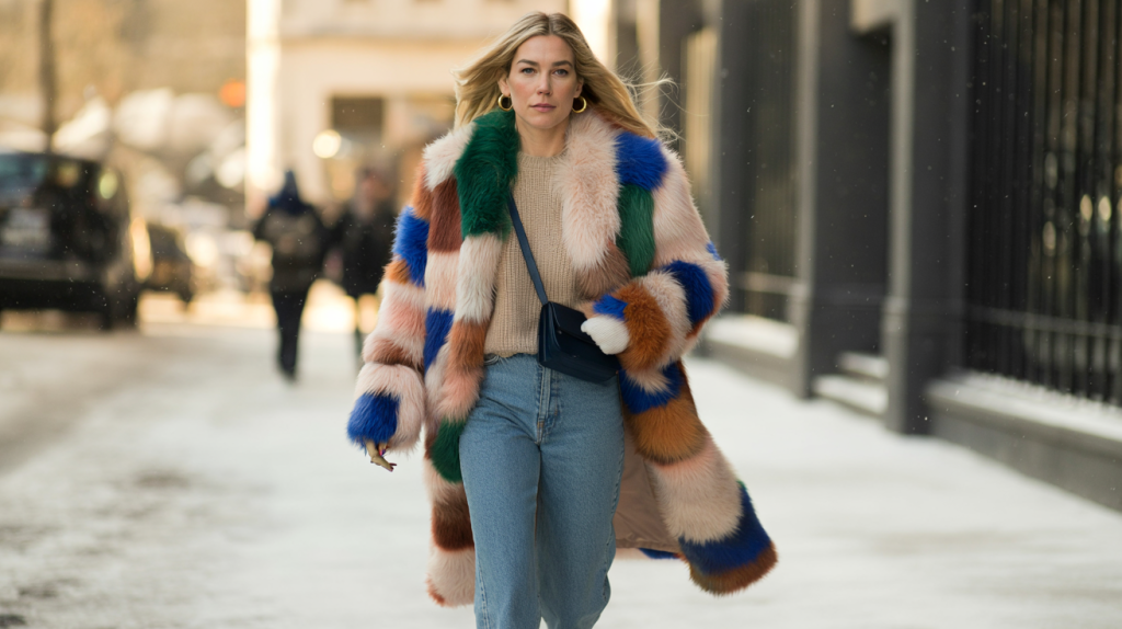 Sienna Miller manteau fausse fourrure multicolore