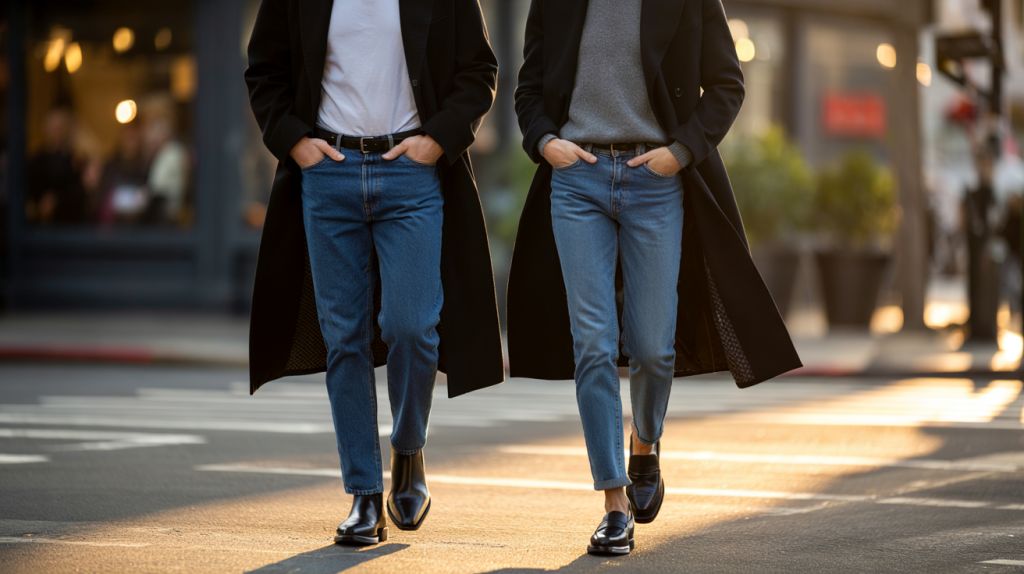 jean bleu manteau noir