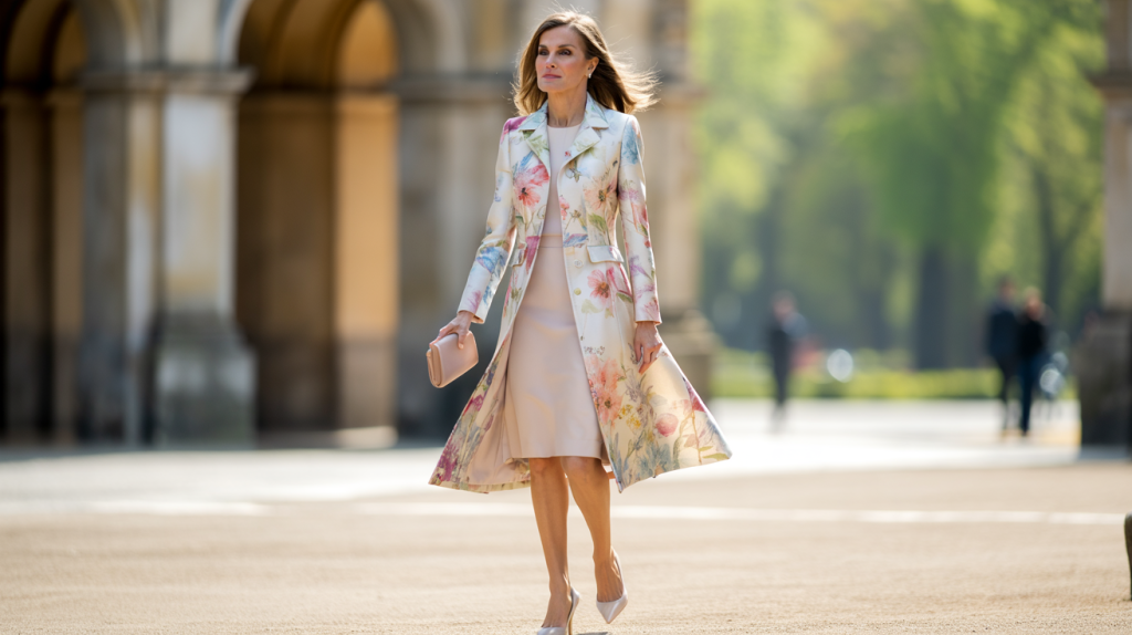 manteau fleuri Letizia d’Espagne