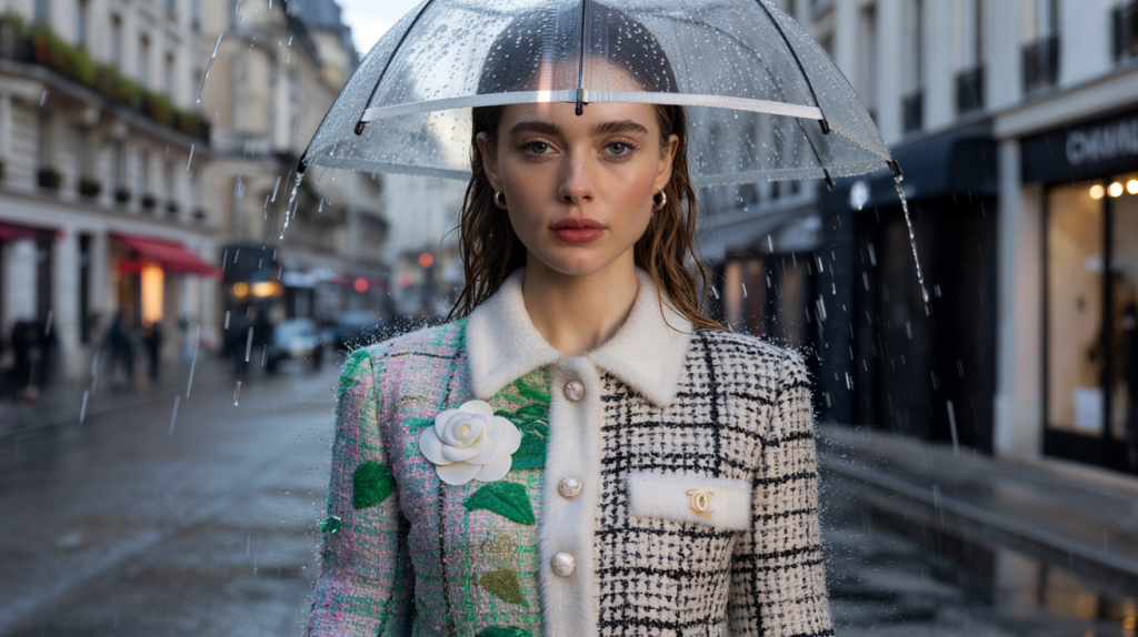 veste Chanel qui se transforme sous la pluie