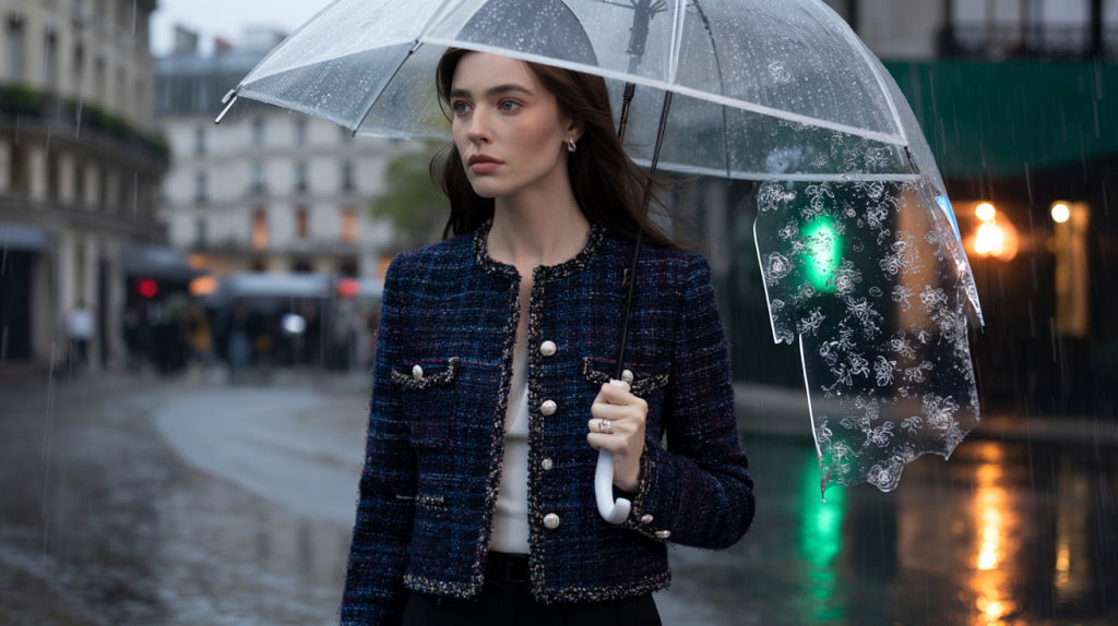 veste Chanel qui se transforme sous la pluie