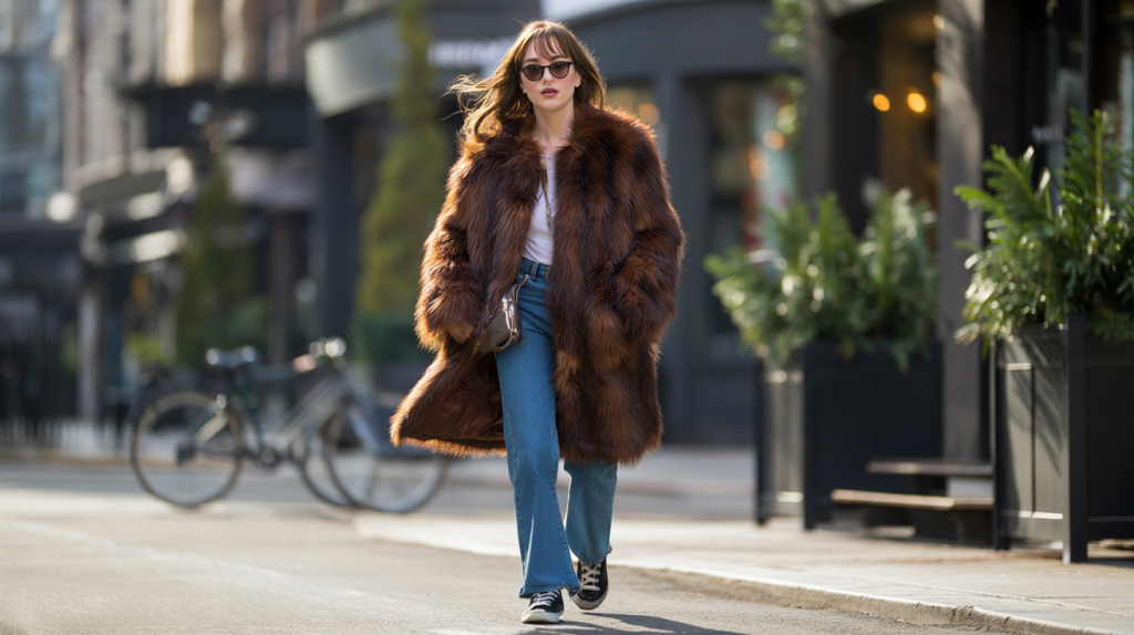 Dakota Johnson manteau fausse fourrure