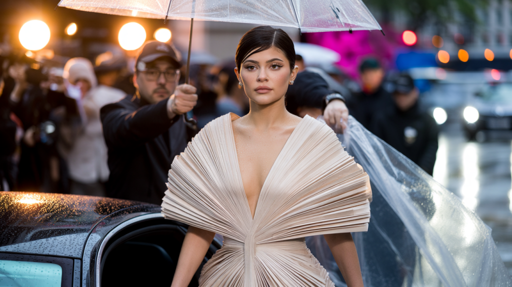 Kylie Jenner robe papier sous la pluie