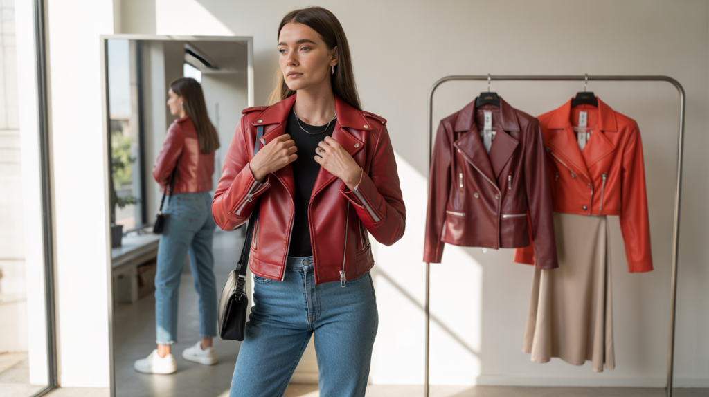 Veste en cuir rouge femme
